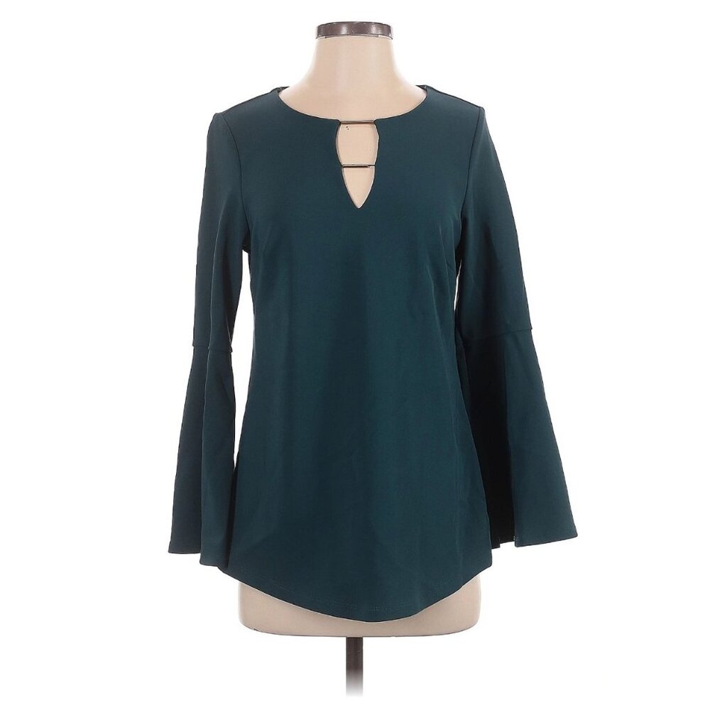 Boston Proper Beyond Travel Dark Green Flare‎ Bell Sleeve Top Tunic Shirt Size S